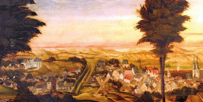 Epitaph zeigt im Hintergrund die Stadt Eisleben vor dem großen Stadtbrand von 1601