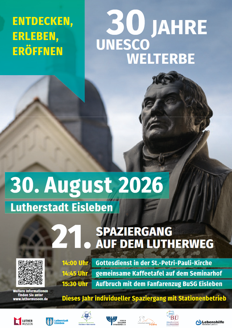 Plakat zum Spaziergang auf dem Lutherweg am 30. August 2026 in Lutherstadt Eisleben